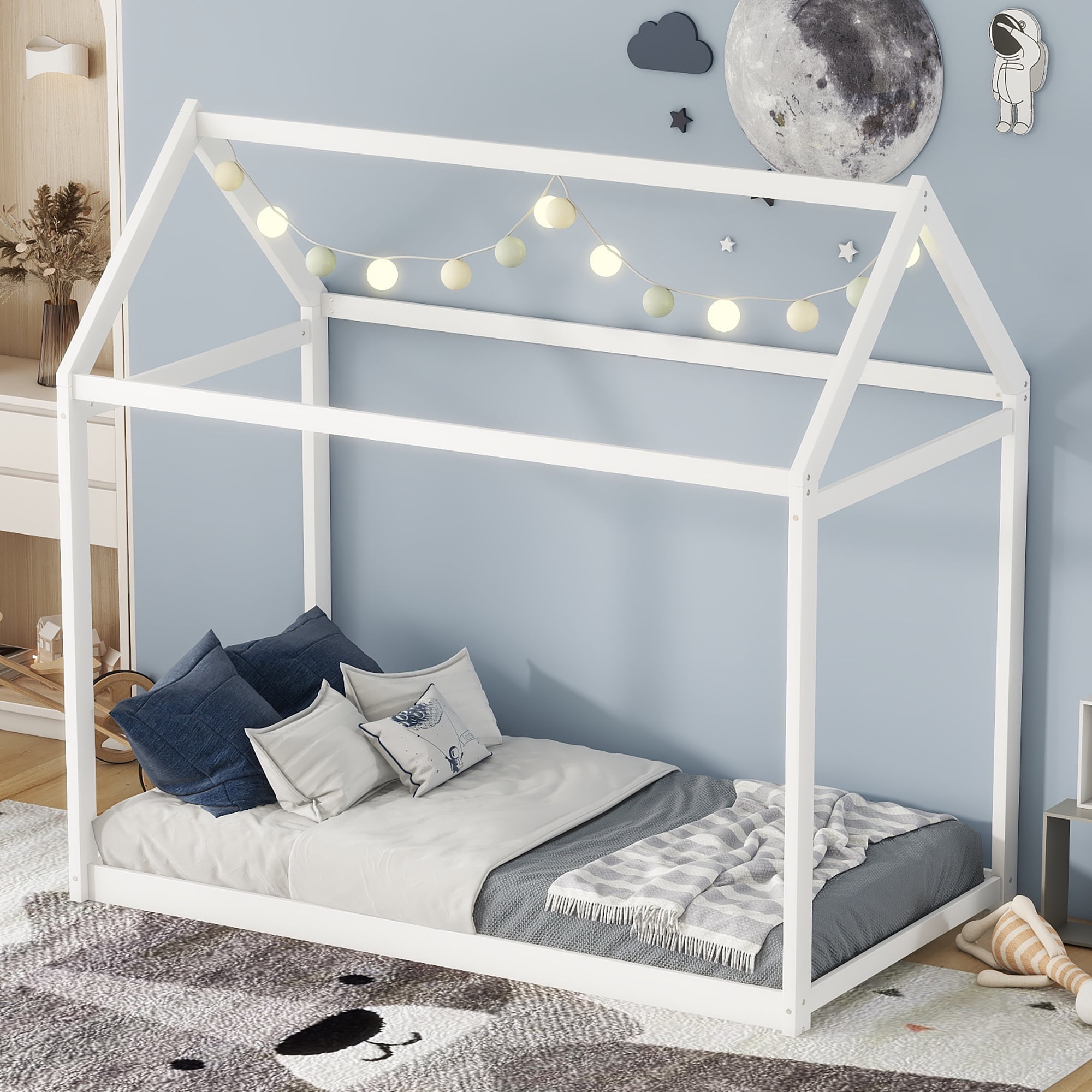 MODERNLUXE Wood Twin Size House Platform Bed, Low Profile Floor Bed, White
