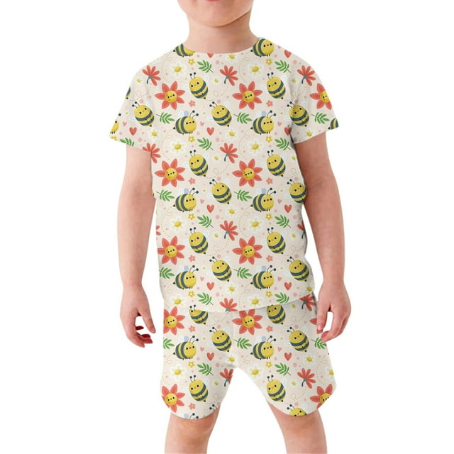 Toimothcn Baby Girls Outfit Set Short Sleeve Cartoon Bee Printed Pajamas Stretchy Shorts 2Pcs Pjs Outfit Set Soft Homewear Clothes Set 4-5 Years