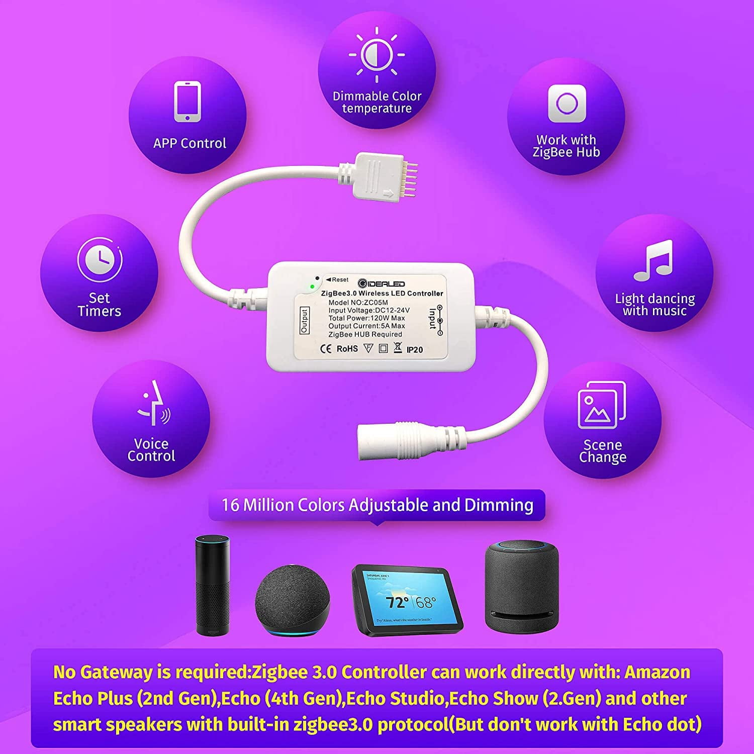 GIDEALED Smart Zigbee 3.0 RGBWW LED Strip Lights 16.4ft Kit Compatible with Echo Plus Echo Studio Alexa Voice & APP Control RGB Warm White Cold White RGBCCT LED Strips Dimmable,Hub Bridge Required