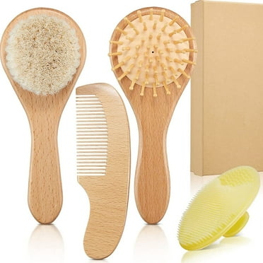 Anpro Baby Hairbrush and Comb Set, Newborn Infant Grooming Kit Wooden Baby Hair Brush with Soft Goat Bristles for Newborn