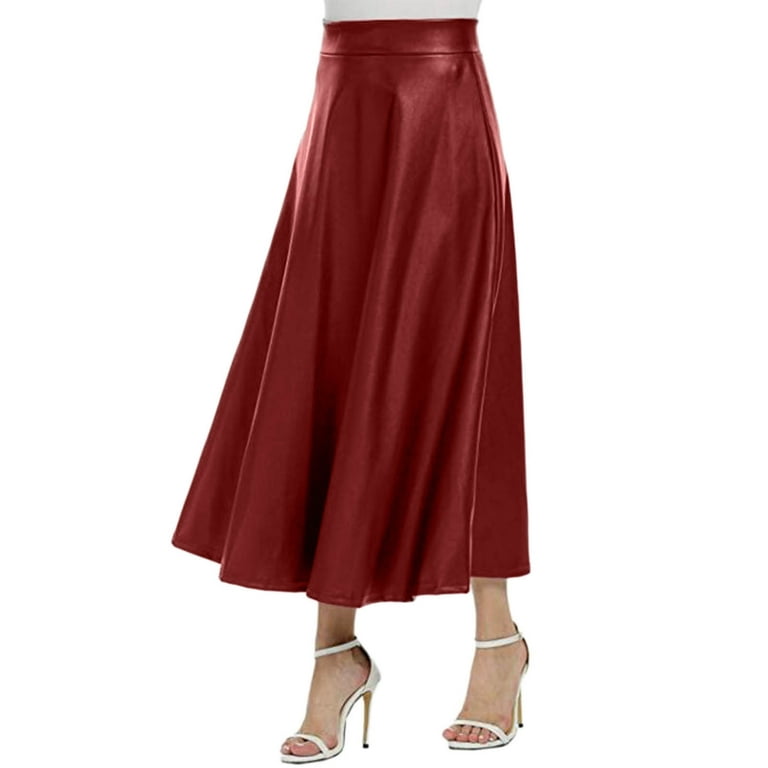 Kcocoo Womens Solid Color High Waist Faux Leather Skirt A Line Long Skirts  PU Red XL 