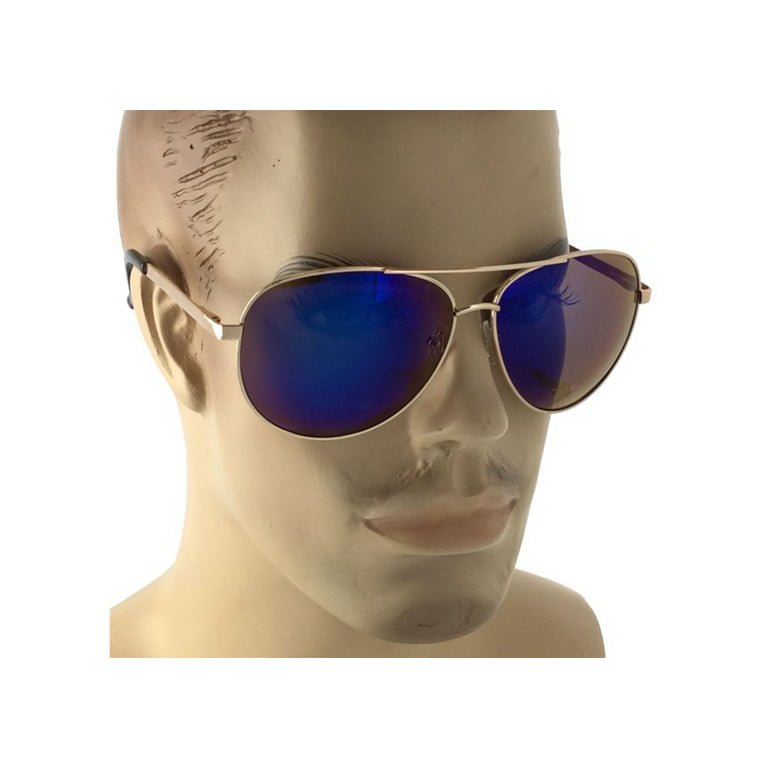 XL Extra Large Gold Frame Aviator Sunglasses Big Head Oversized Wide 62mm Mirror Men, Blue