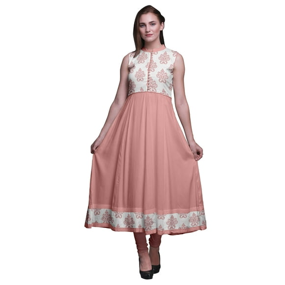 Bimba Peach Ikat Indian Long Kurti For Women Party Wear Printed Sleeveless Anarkali Kurti Dress Small