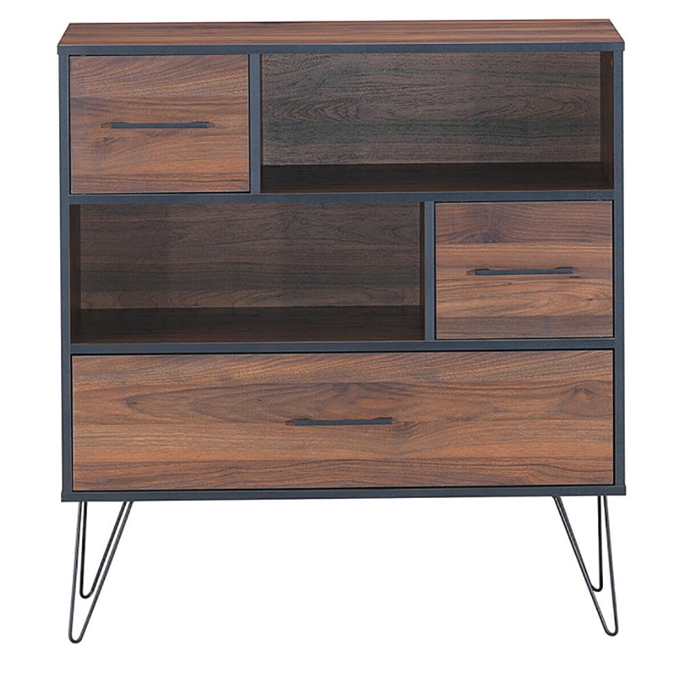 Finihen Storage Cabinet, 3-Tier Wood Storage Cabinet with Drawers and 4 Metal Legs, Cabinet for Living Room, Home, Office, Entryway, Brown