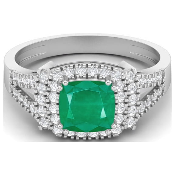 Mooneye 6mm Cushion Natural Emerald 925 Sterling Silver Solitaire with Accent Women Wedding Ring