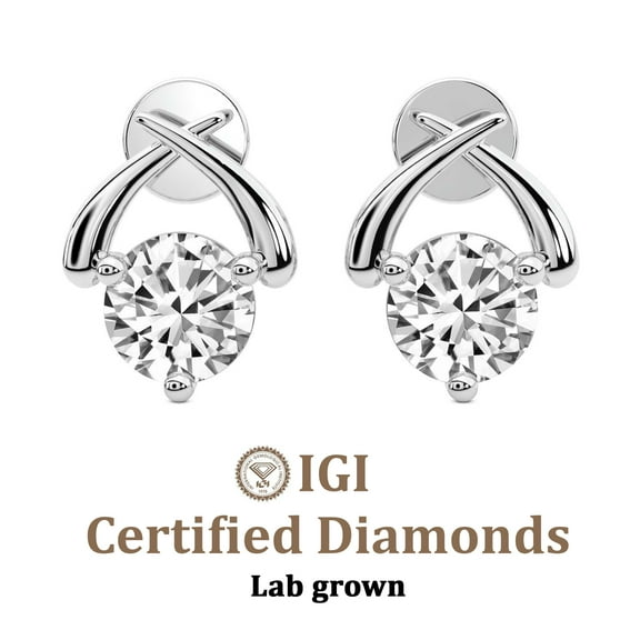 Diamond Stud Earring | 1 Carat IGI Certified Round Shape Lab Grown Diamond | 14K White Gold |Stellar Lab Diamond Stud Earrings | Prong Setting | FG-VS1-VS2 Quality | Friendly Diamonds