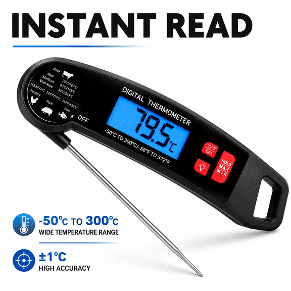 YTAKY Meat Thermometer, 2-Second Instant Read Waterproof Digital Food Thermometer with -58 to 572°F Range & Backlight for Grilling BBQ Oven Cooking, Black