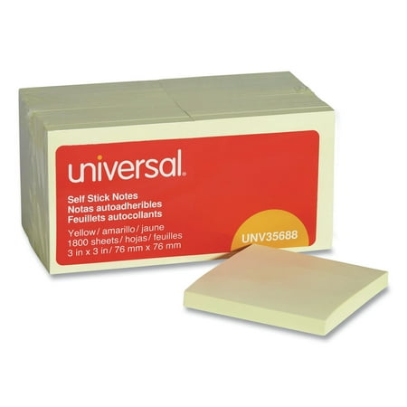 Universal UNV35688 100 Sheet 3" x 3" Self-Stick Note Pads - Yellow (18/Pack)