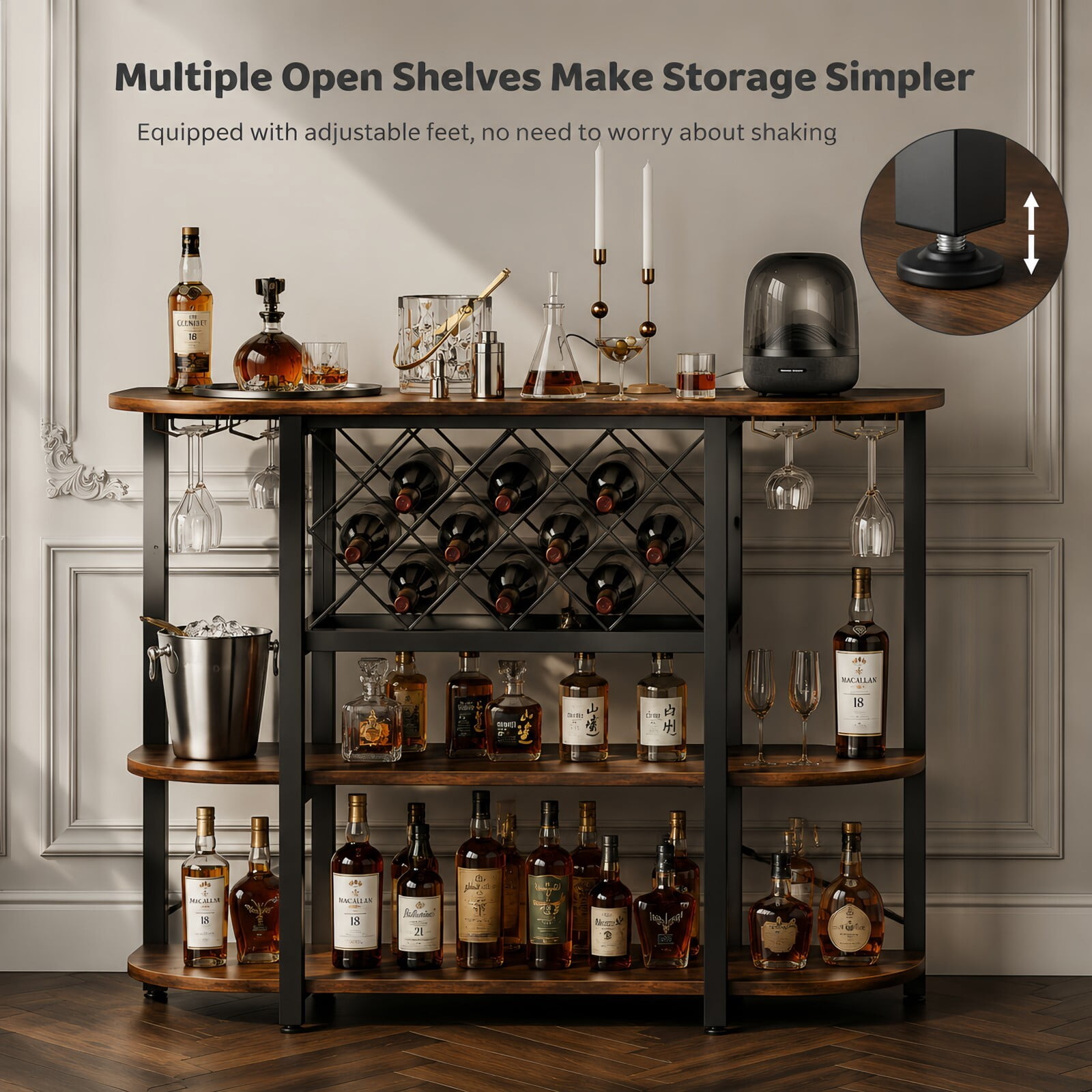 Kelno 47" Home Bar Cabinet with Power Outlet RGB LED Lights 4-Tier Liquor Cabinet with Wine Rack Glass Holder, Rust