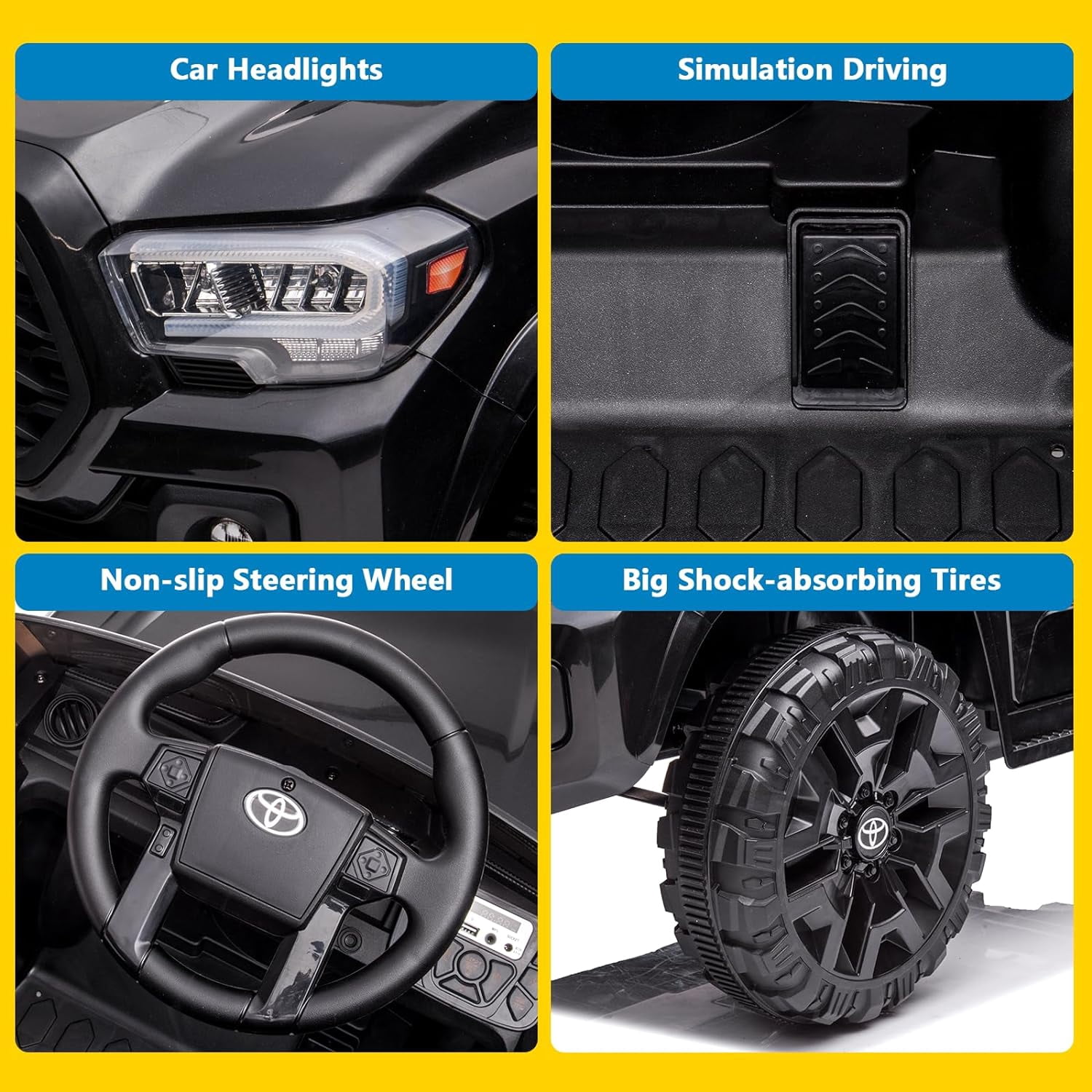 12V Licensed Toyota Tacoma Electric Car with Remote Control, Spring Suspension, Safety Belt, 2-Speed Ride-On Vehicle with Headlights, Black