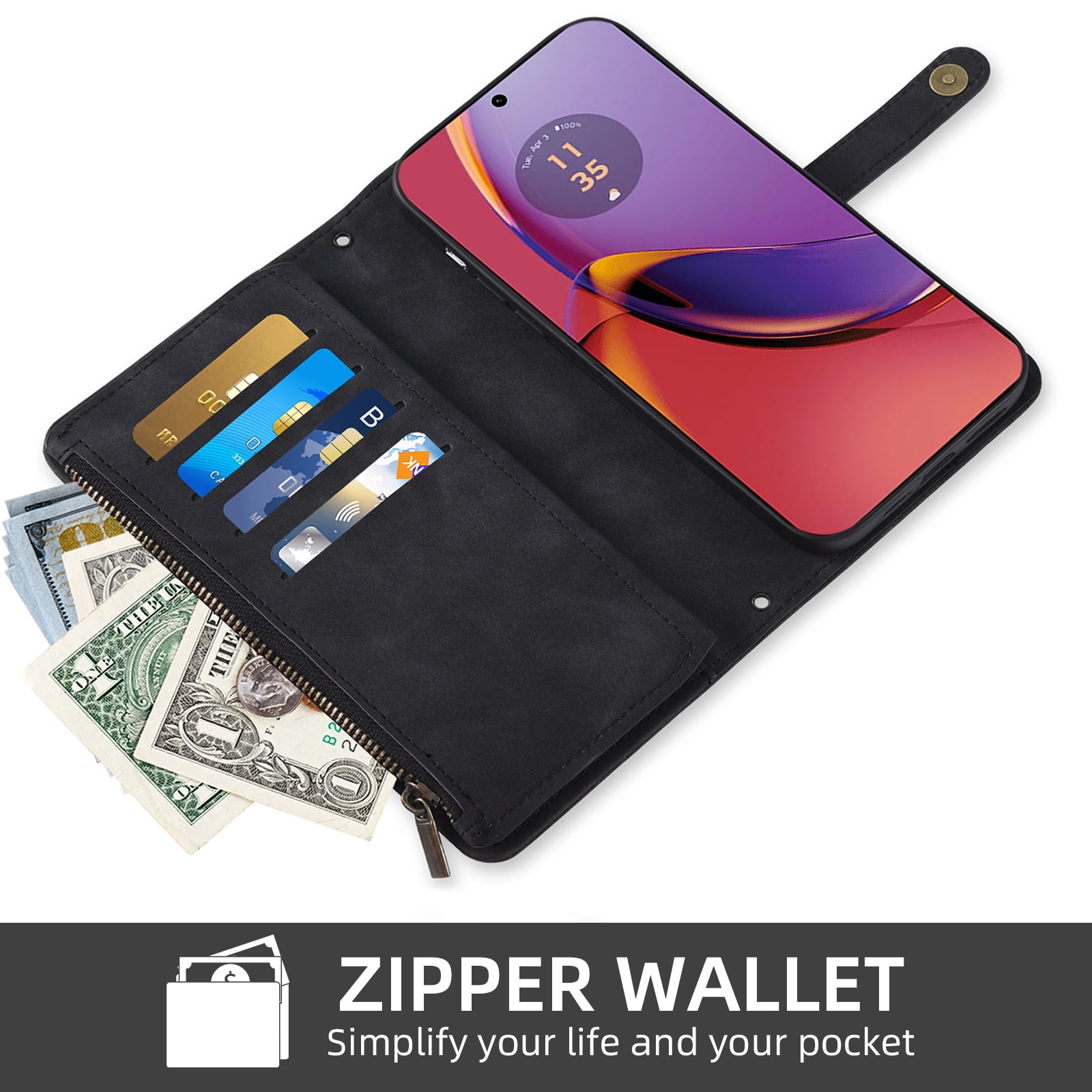 Asuwish Phone Case for Motorola Moto G84 5G Wallet Cover With Tempered Glass Screen Protector Crossbody Wrist Strap Flip Pattern Zipper Credit Card Holder Stand Slot Cell G 84 2023 Women Men Black