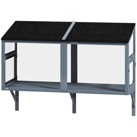 Expandable Wooden Catio Outdoor Cat Enclosure, 51.2"L Grey Fir Wood Window Balcony with Waterproof Asphalt Roof and Mesh, Secure Pet Play Area for Patio, Yard or Living Room