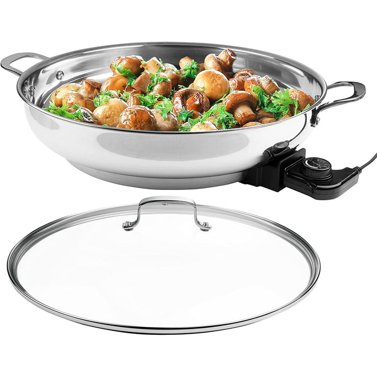 Electric Skillet By Cucina Pro - 18/10 Stainless Steel Frying Pan with  Tempered Glass Lid and Handle, 16 Round with Adjustable Temperature  Control