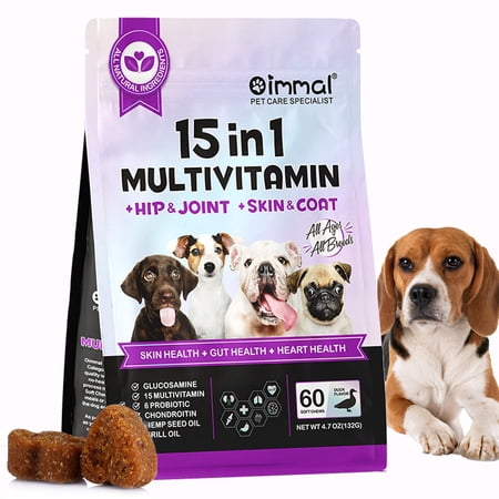 Oimmal Dogs 15in1 Multivitamin Soft Chews with Glucosamine & Probiotics, Hip & Joint Health, Skin & Coat Care, Gut & Heart Health Support, Duck Flavor, 60 Chews