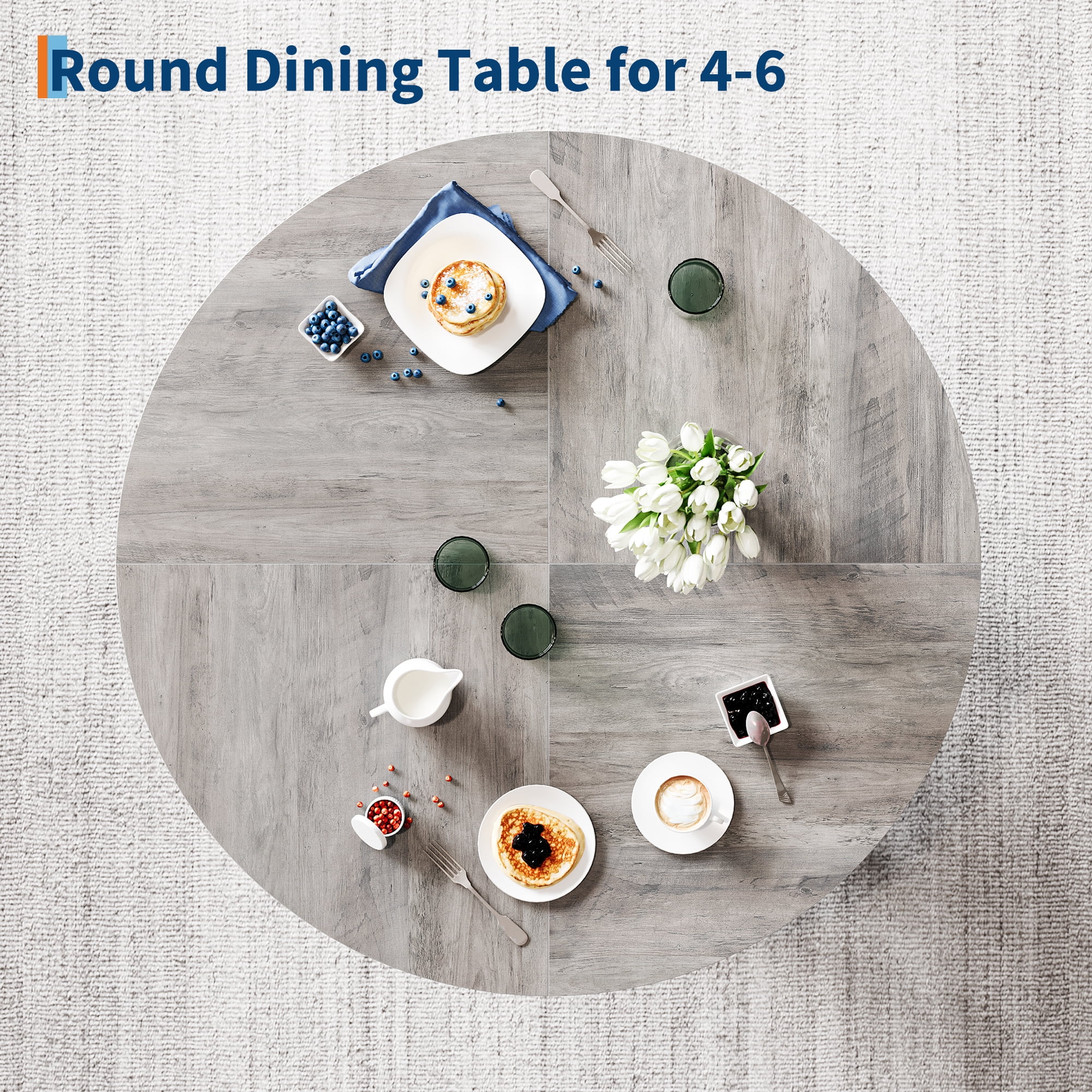 M optimized 47" Round Dining Table for 4-6, Wood Kitchen Table with 4 Strong Legs, Farmhouse Circle Dinner Table for Dining Room, Living Room