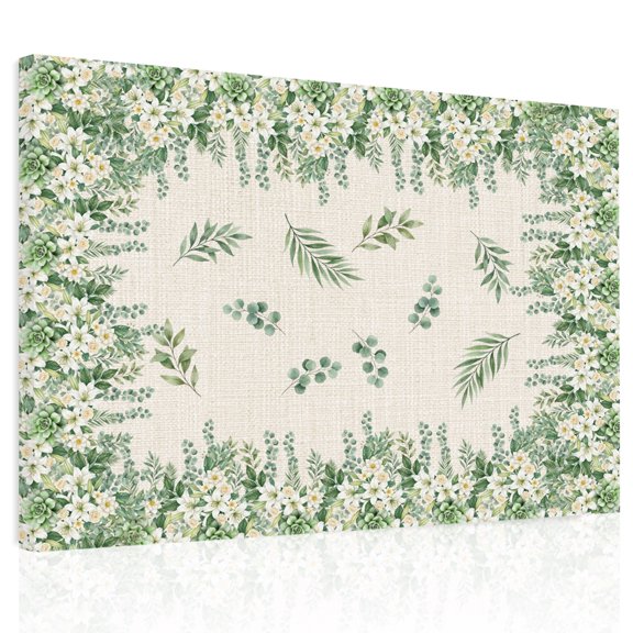Floral Border Canvas Print Wall Art, Eucalyptus Leaves Linen Texture Rustic Wall Decor Modern Artwork Paintings Pictures for Living Room Framed and Stretched Ready to Hang 24" x 32"