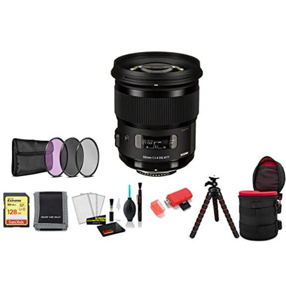Sigma 50mm F/1.4 DG HSM Art Lens for Nikon with 128GB Memory Card, Filter Kit, Tripod and More (International Model)