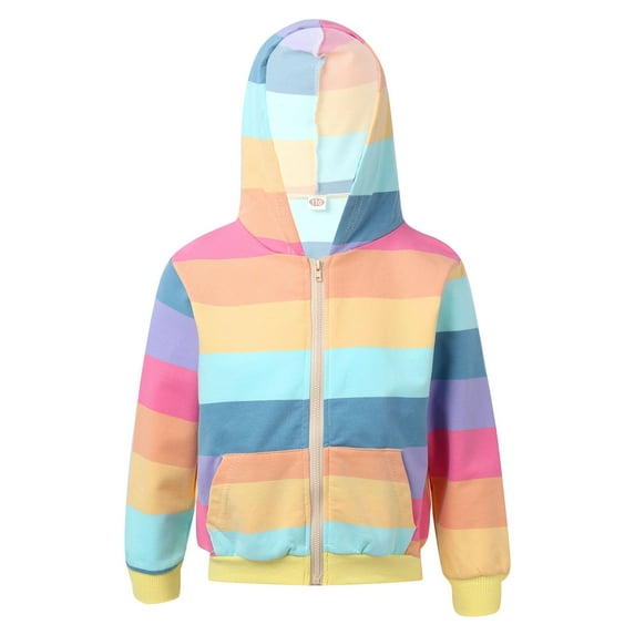 DPOIS Kids Girls Hoodie Rainbow Stripes Print Coat Hooded Top