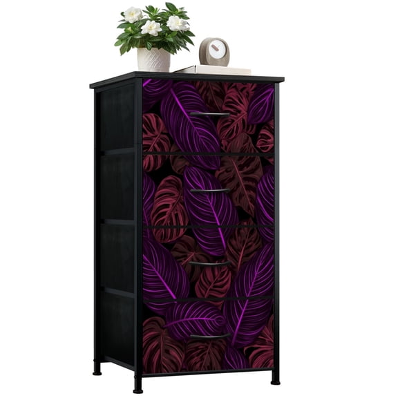 Dresser for Bedroom with 4 Storage Drawers Purple Burgundy Leaves Elegant Tropical Vibes Dressers Chest of Drawers Steel Framed Fabric Organizers for Closet Living Room Hallway