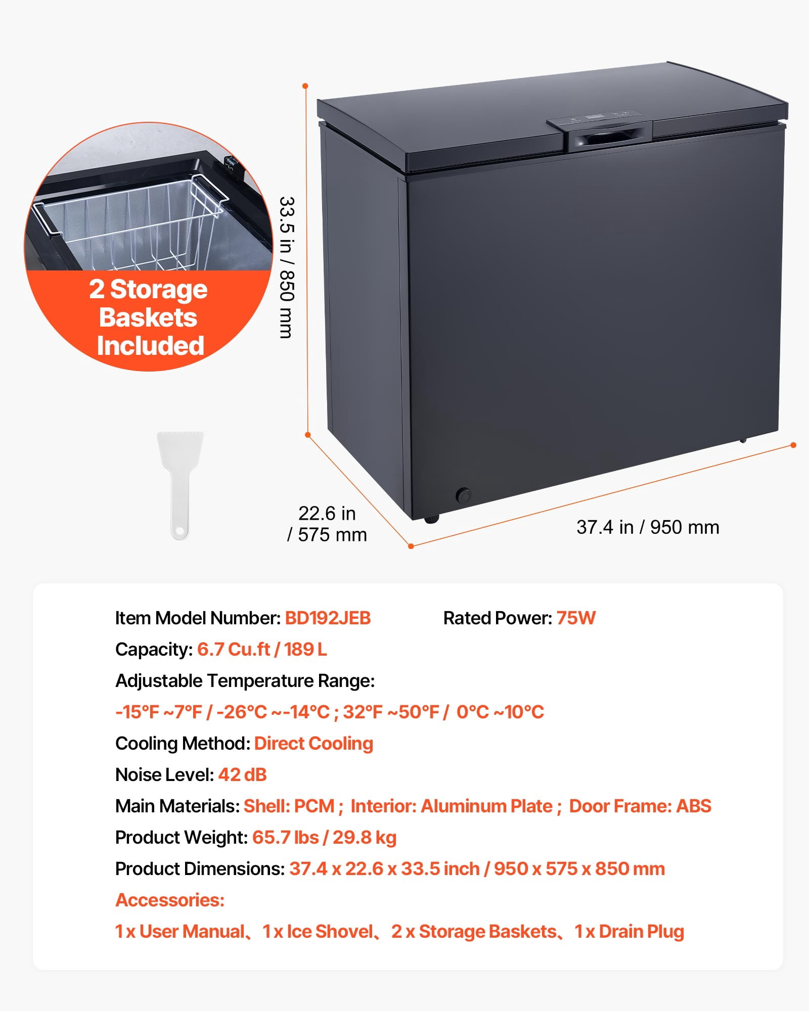 VEVOR Chest Freezer, 6.7 Cu.ft Compact Deep Freezer, Free Standing Top Open Door Chest Freezers with 2 Removable Baskets & Adjustable Thermostat - Energy Saving, Low Noise & Garage Ready, Black