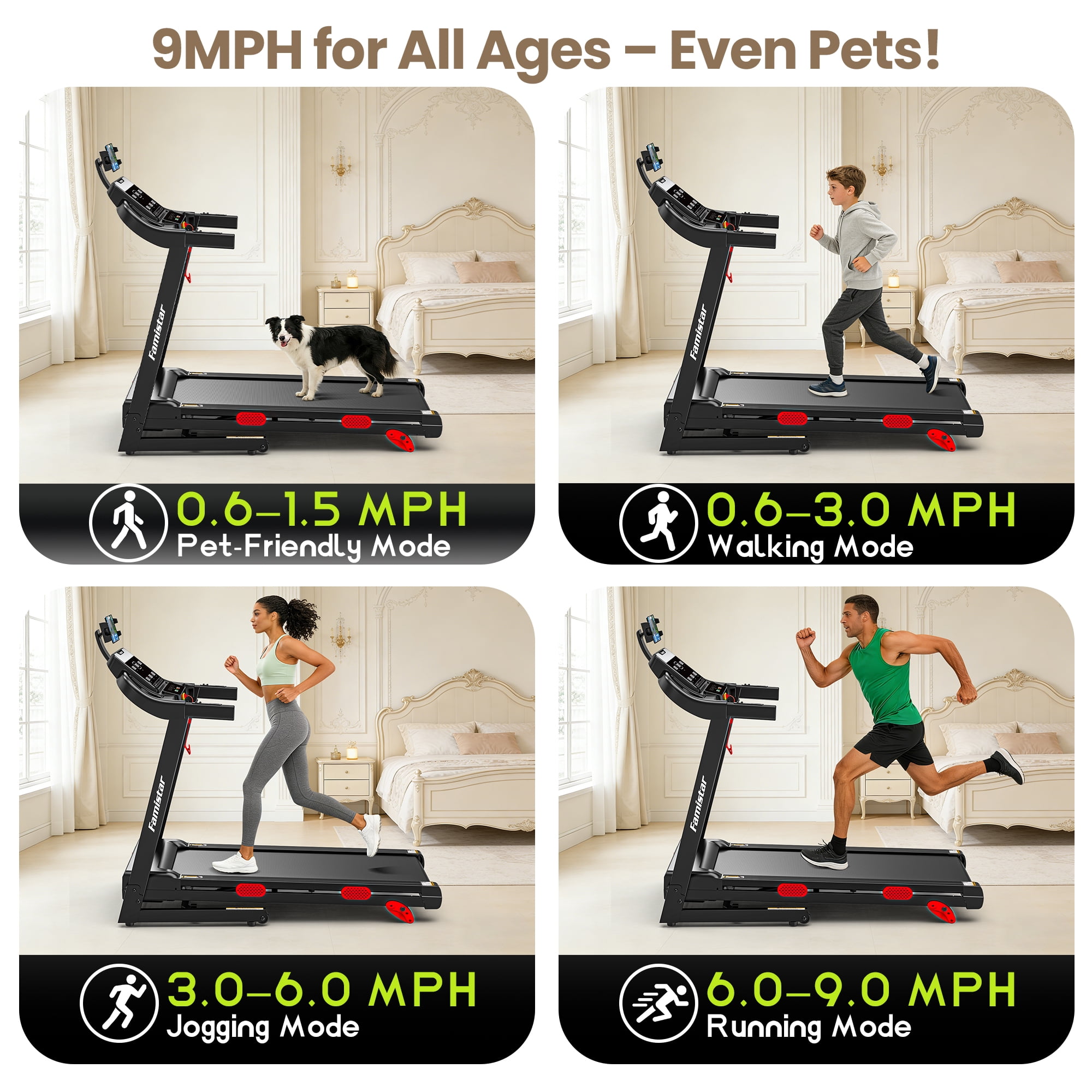 Treadmill 300 LB Capacity for Home with Incline, Folding Electric Running Walking Treadmill, Portable Treadmill for Home Use, 9 MPH, Smart Apps, 96+9 Programs, Bluetooth Speakers
