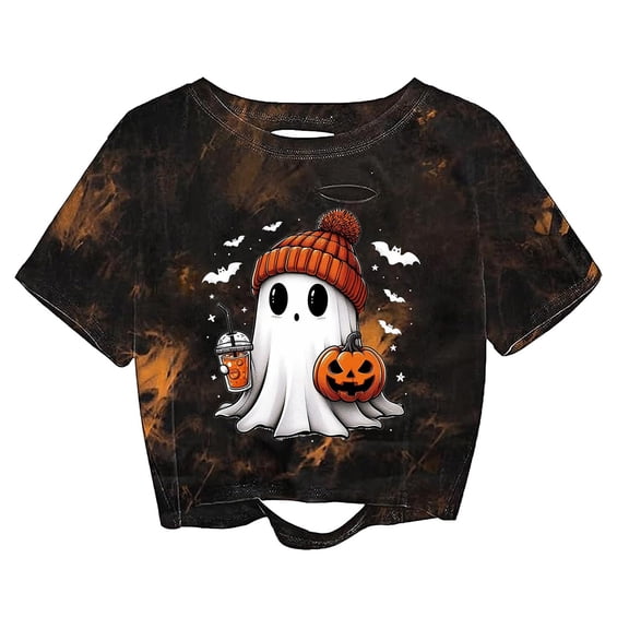 Women's Distressed Crop Tee Halloween Ghost Pumpkin Fall Matching Top