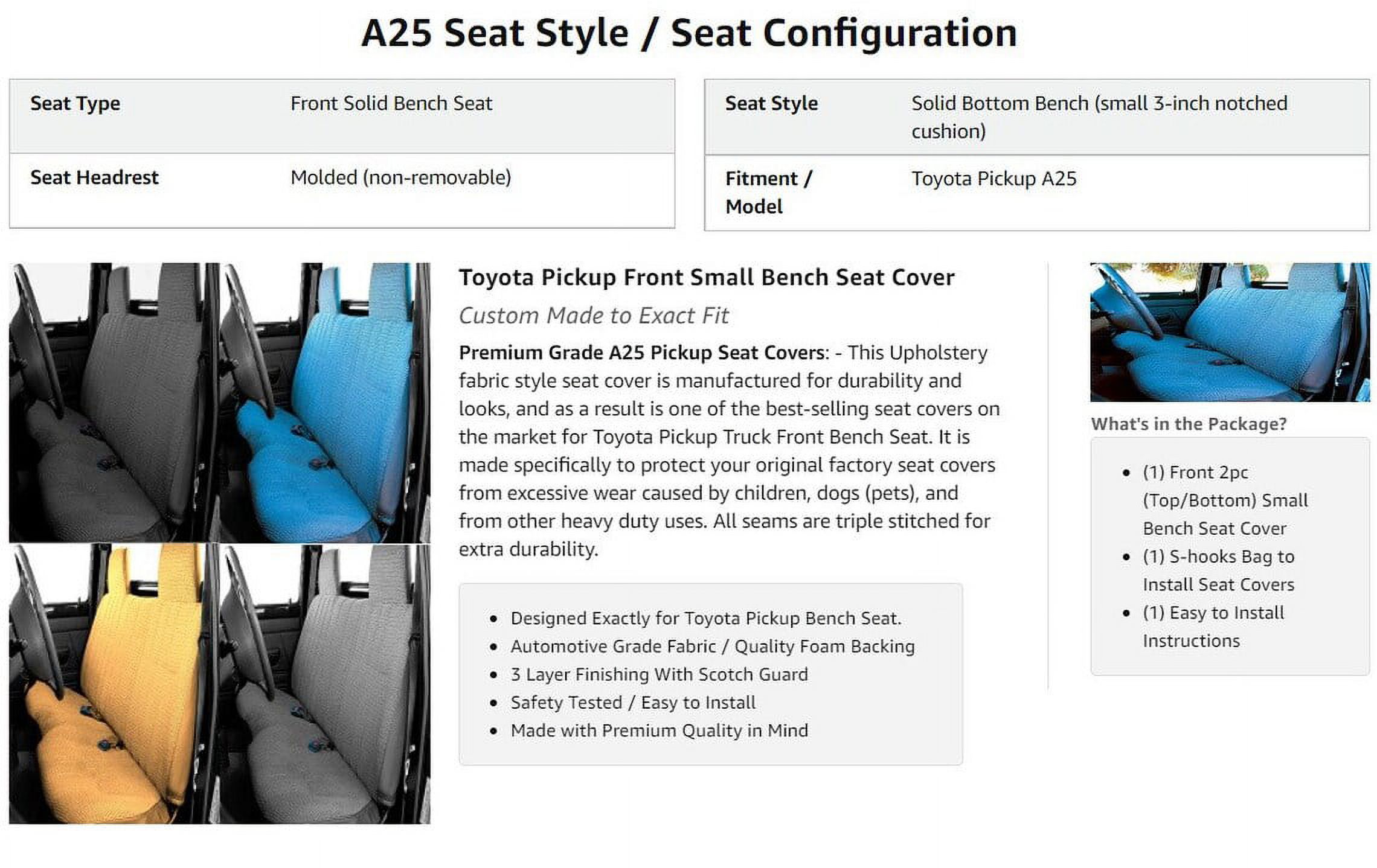 Seat Cover for Toyota Pickup 1984 - 1989 Front Solid Bench A25 Molded Headrest Small Notched Cushion (Black) - image 4 of 4