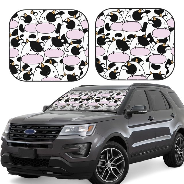 Fotbe Cute Animal with Cow Juego de 2 Piezas de Parasoles para Parabrisas | Bloqueador Solar para Auto | Accesorios Plegables para Protección Solar Interior-Large