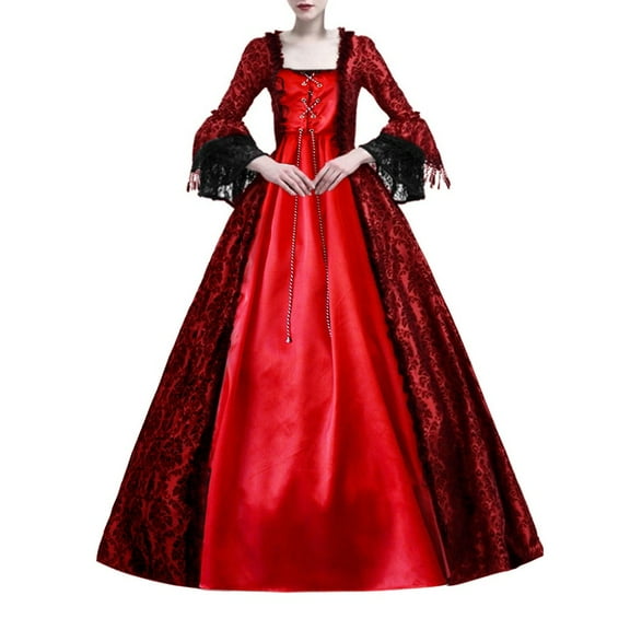Summer Plus Size Women's Dress Women Retro Party Princess Cosplay Dress Square Collar Lace Floor Length Dress Wine 18(XXXXXL)