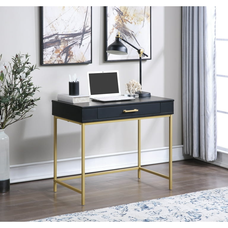 Modern Life Desk in Black Finish With Gold Metal Legs