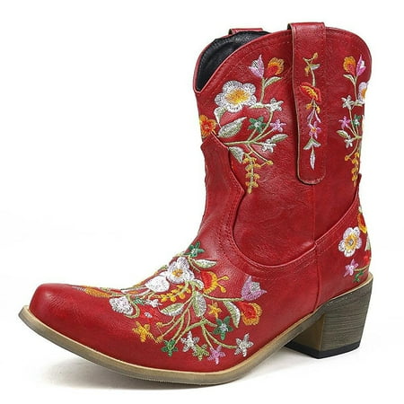 KBKYBUYZ Women Fashion Embroidered Cowboy Riding Boots Casual Warm Middle Heels Middle Tube Short Boots Shoes