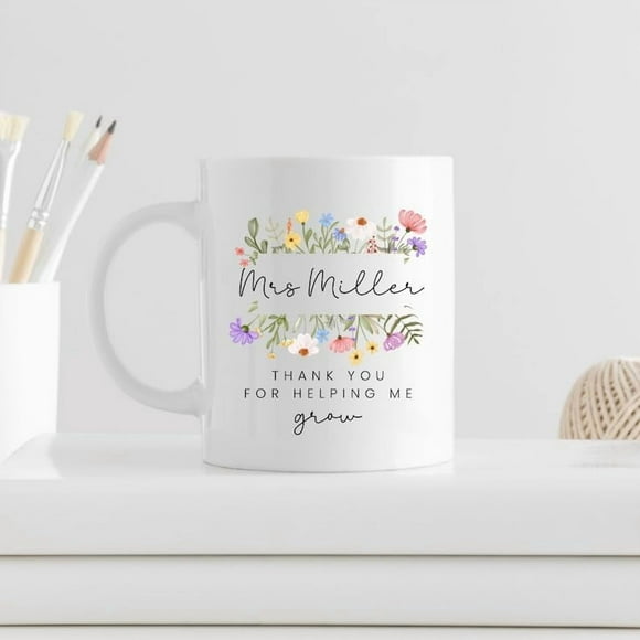 Personalized Teacher Appreciation Coffee Mug, Floral Design, "Thank You For Helping Me Grow", White Ceramic, End Of Term, Teacher" Day, Back To School, Birthday, 11oz