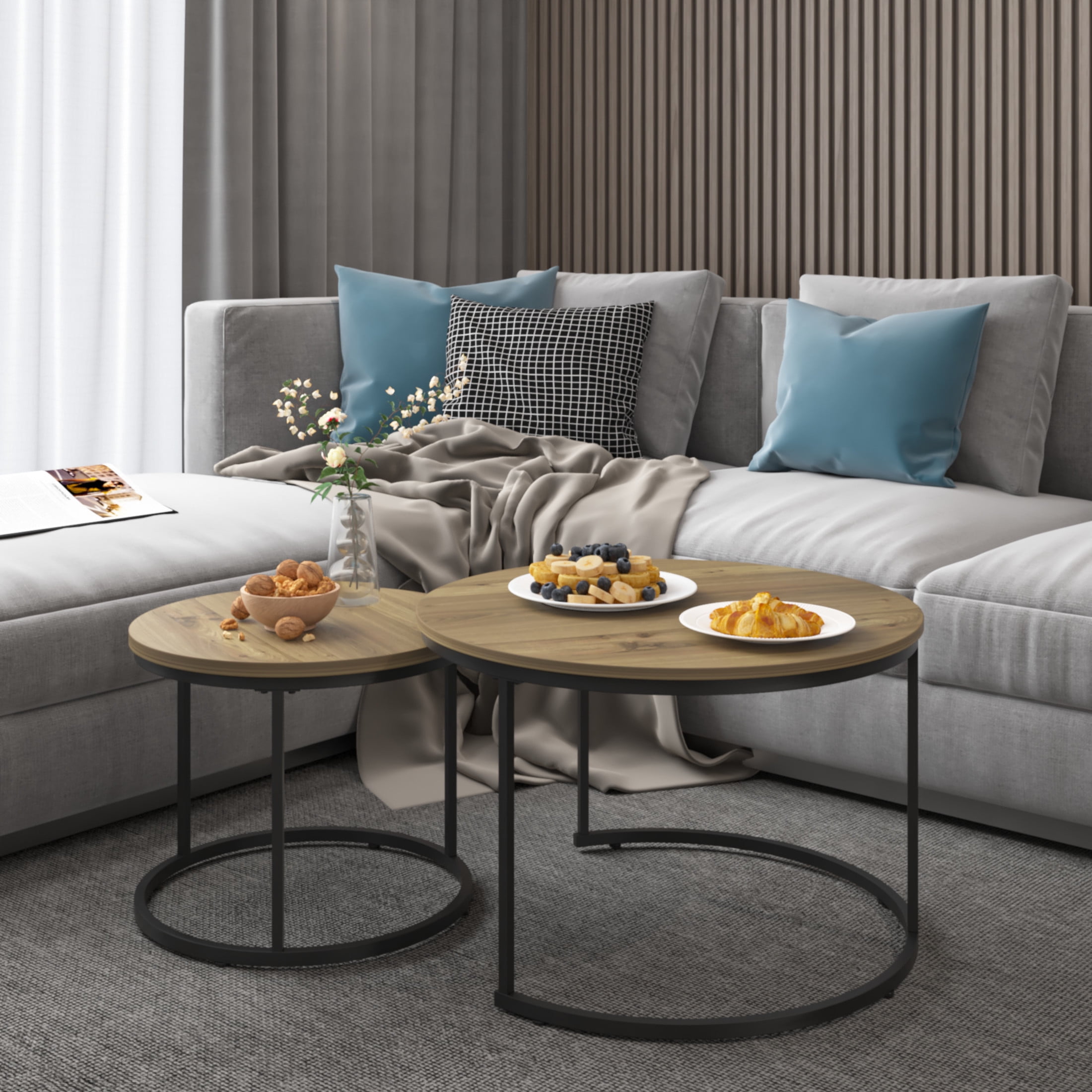Noble House Lazura 27.6" Grain Look Nesting Coffee Table Set, Round MDF Top with Metal Base, Brown, Set of 2