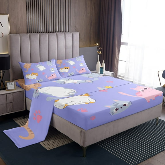 Cat Bed Sheets Full Size,Cute Cats Sheet Set Kawaii Room Decor,Cartoon Pet Animal Paw Print Bedding Lovely Kitten Soft Fitted Sheet Purple Flat Sheet 2 Pillow Cases