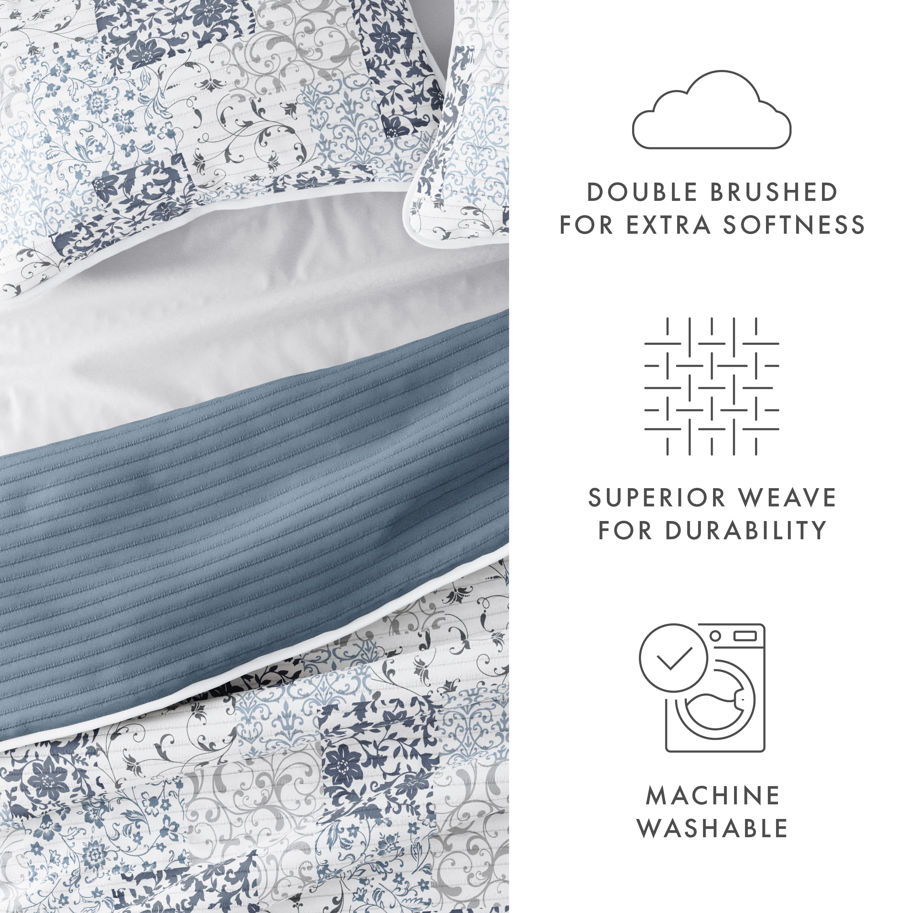 Noble Linens Dusk Blue 3 Piece Scrolled Patchwork Reversible Microfiber Quilt Set, Twin / Twin XL
