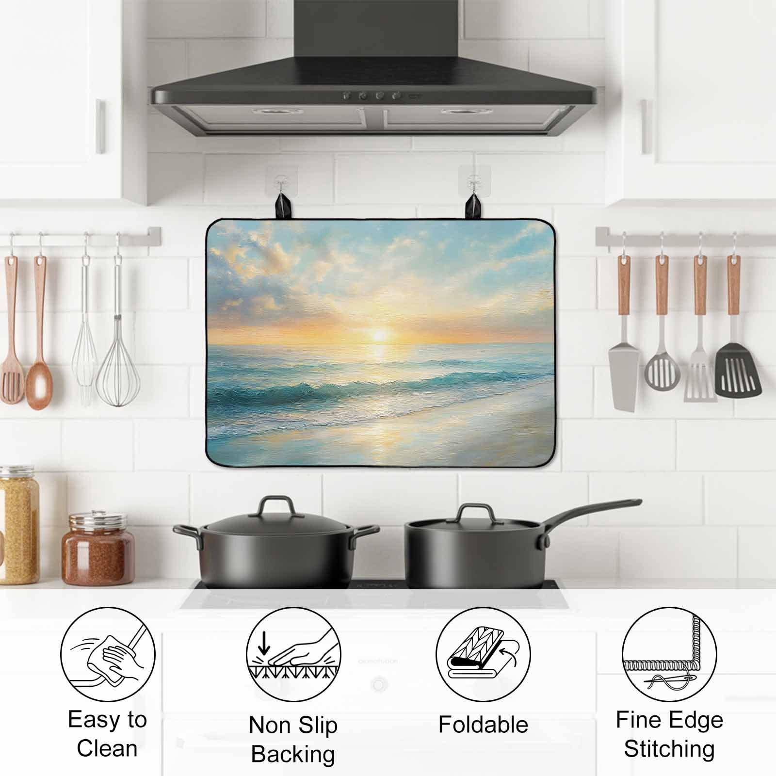 Ocean Sunrise Coastal Stove Top Cover for Electric Stove, Heat-proof & Non Slip Glass Top Stove Cover Protector, Summer Beach Abstract Art Kitchen Flat Cooktop Rubber Mat 24x21 Inches