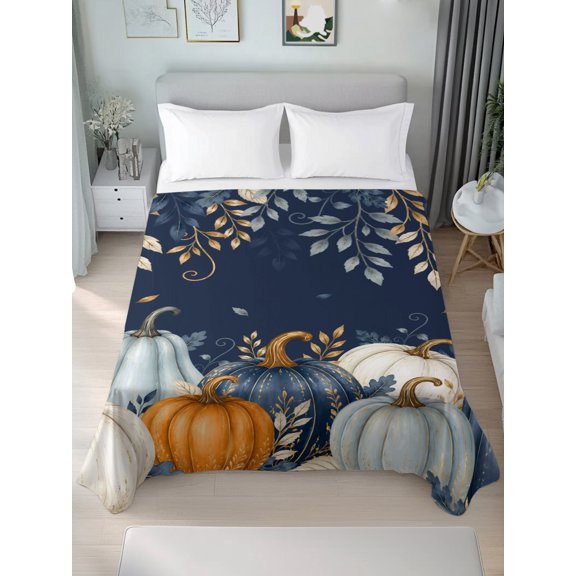 Queen Flat Sheet Only Thanksgiving Farm Pumpkins Soft Microfiber Cooling Bedding Sheets Eucalyptus Leaves on Blue Flat Bed Sheet for Hotel,Home Decor