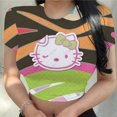 thumbnail image 1 of RWJDXD Chemises Décontractées d'Été pour Femmes Mode Urbaine Manches Courtes Crop Tops Imprimé Chat Hello Kitty Col Rond Ajusté T-Shirts, 1 of 4
