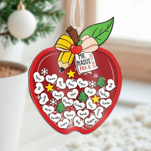 Personalized Teacher Ornament 2025–2026, Custom Apple Class Ornament with Student Names, Wooden and Acrylic Shaker Design, Teacher Appreciation Gift with Gift Box