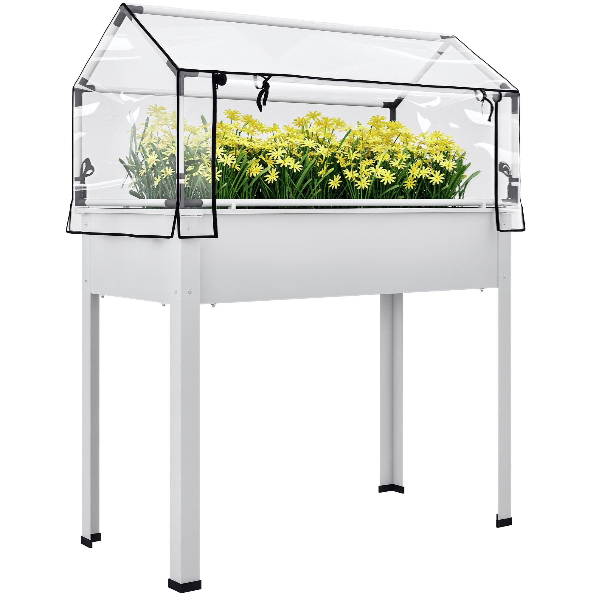 Outsunny Raised Garden Bed with Greenhouse Cover, Elevated Garden Box with Legs and Drainage Hole for Vegetables, White