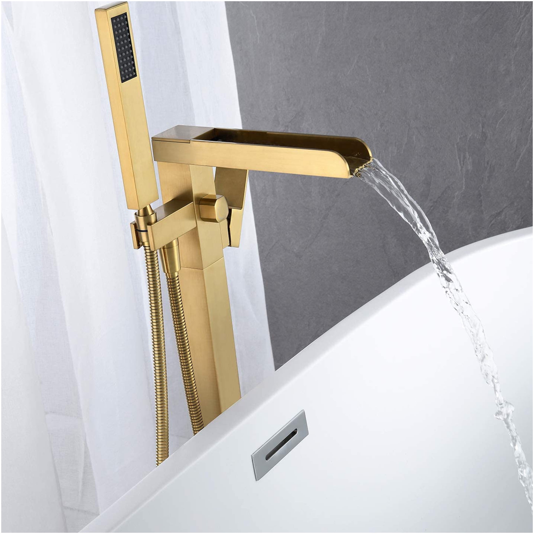 JERFIT 37" Brushed Gold Floor Mounted Tub Filler with Handheld Shower, Waterfall Spout Freestanding Bathtub Faucet