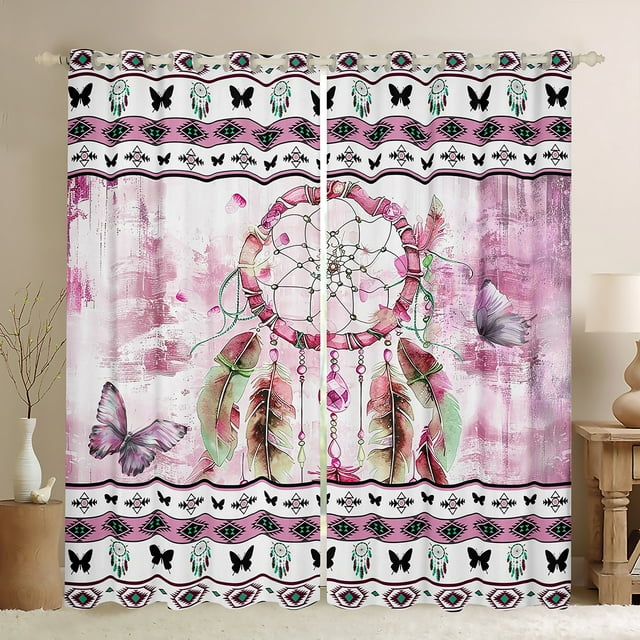 YST Rideaux et Draperies Attrape-Rêves Bohèmes pour Filles Femmes Rideaux Occultants Ombrés Roses, Rideaux Boho Dégradés Aztèques Chic Papillon Rideaux Occultants, Draperies de Fenêtre Esthétiques Abstraites