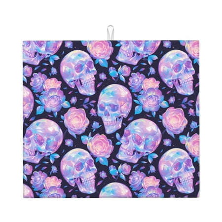 

Dish Drying Mats for Kitchen Counter crystal Skull flower 16x18in Dish Drying Pad Coffee Mat with Hanging Loop Super absorbent Kitchen Counter Mat Coffee Bar Accessories