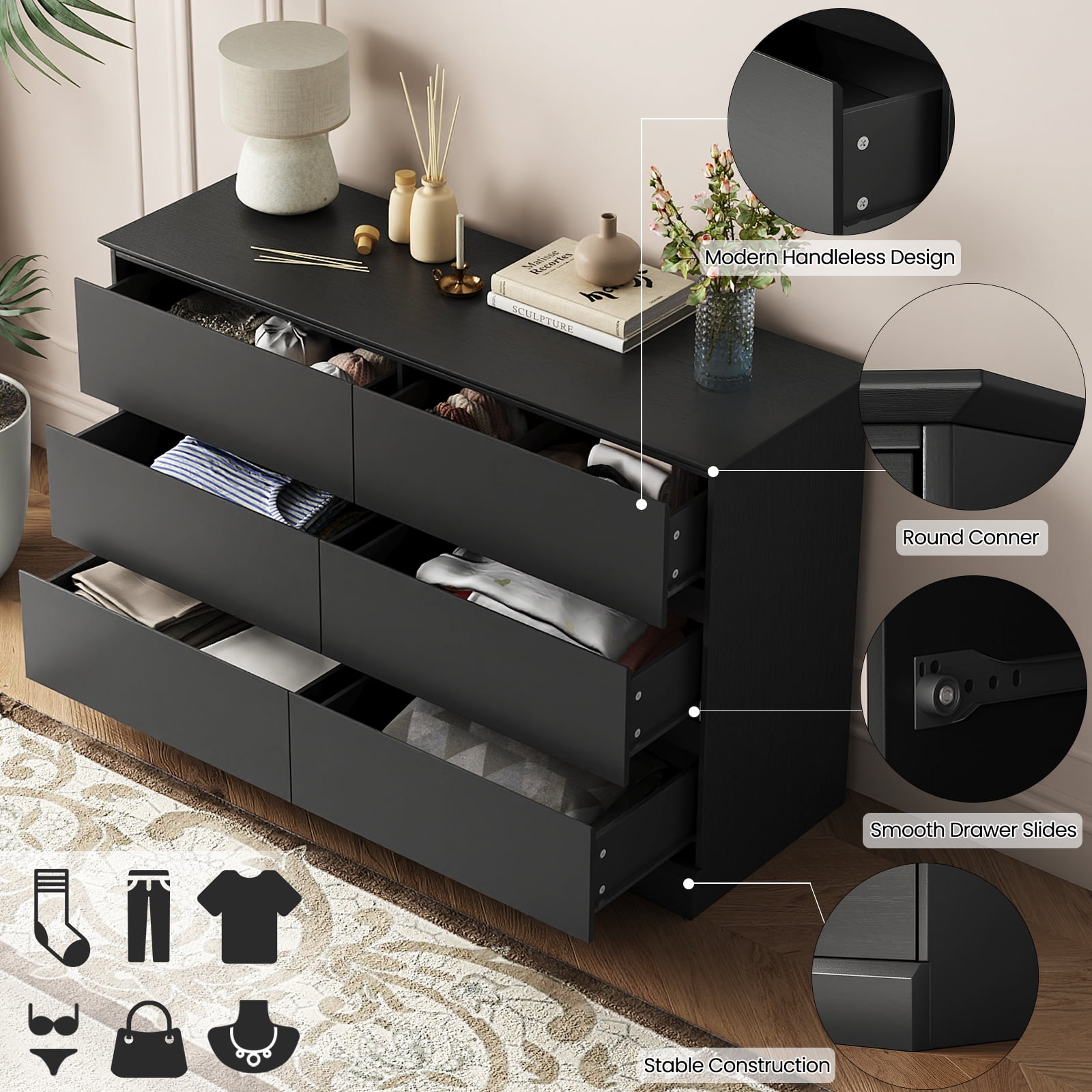Black Dresser 6 Drawer Dresser Chests of Drawers Wood Storage Side Large Cabinet for Bedroom Closet Living Room