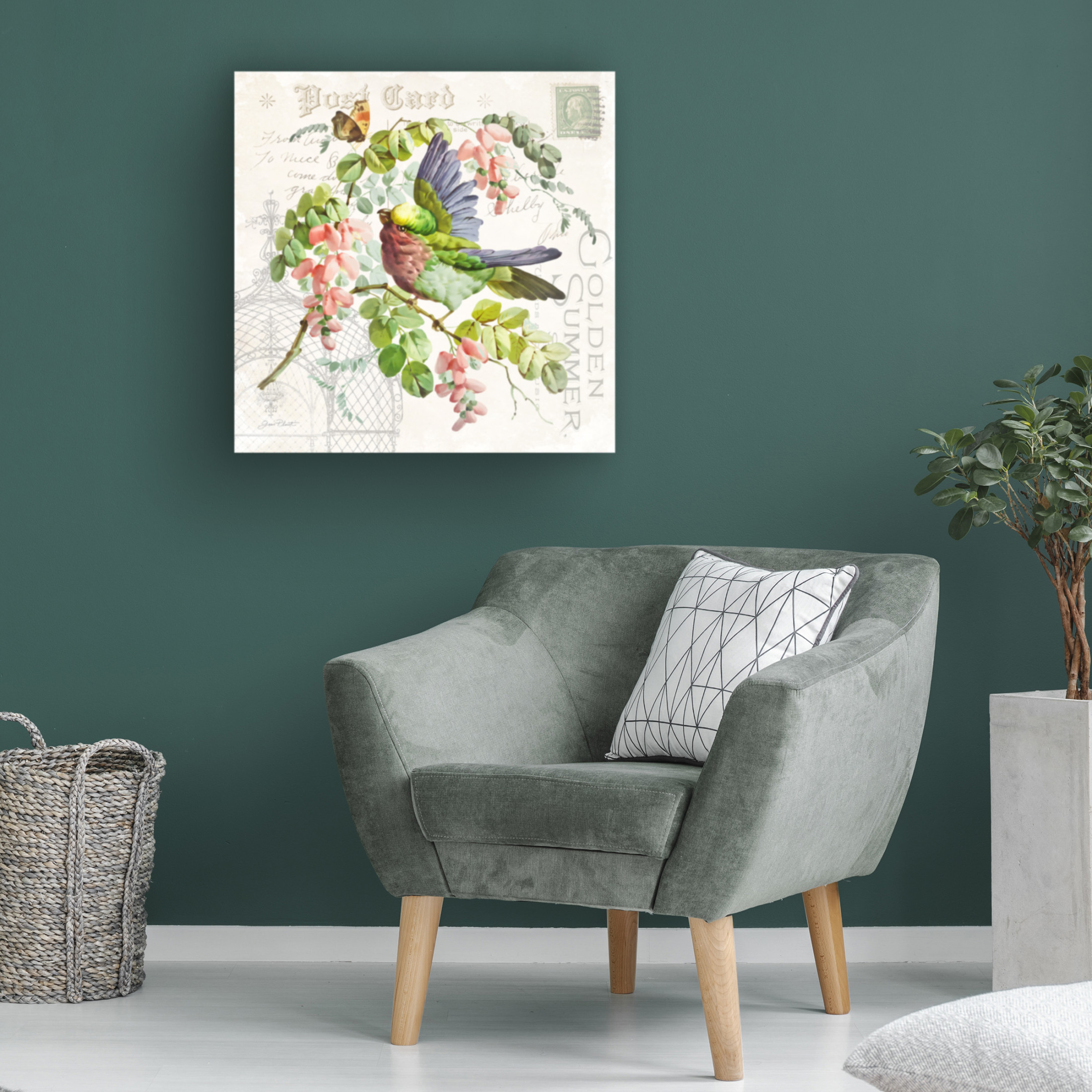 Canvas Wall Art - Jean Plout 'Bird and Blooms A' Wall Art for Living Room, Bedroom, or Office Décor by Trademark Fine Art - 24 x 24 Inches