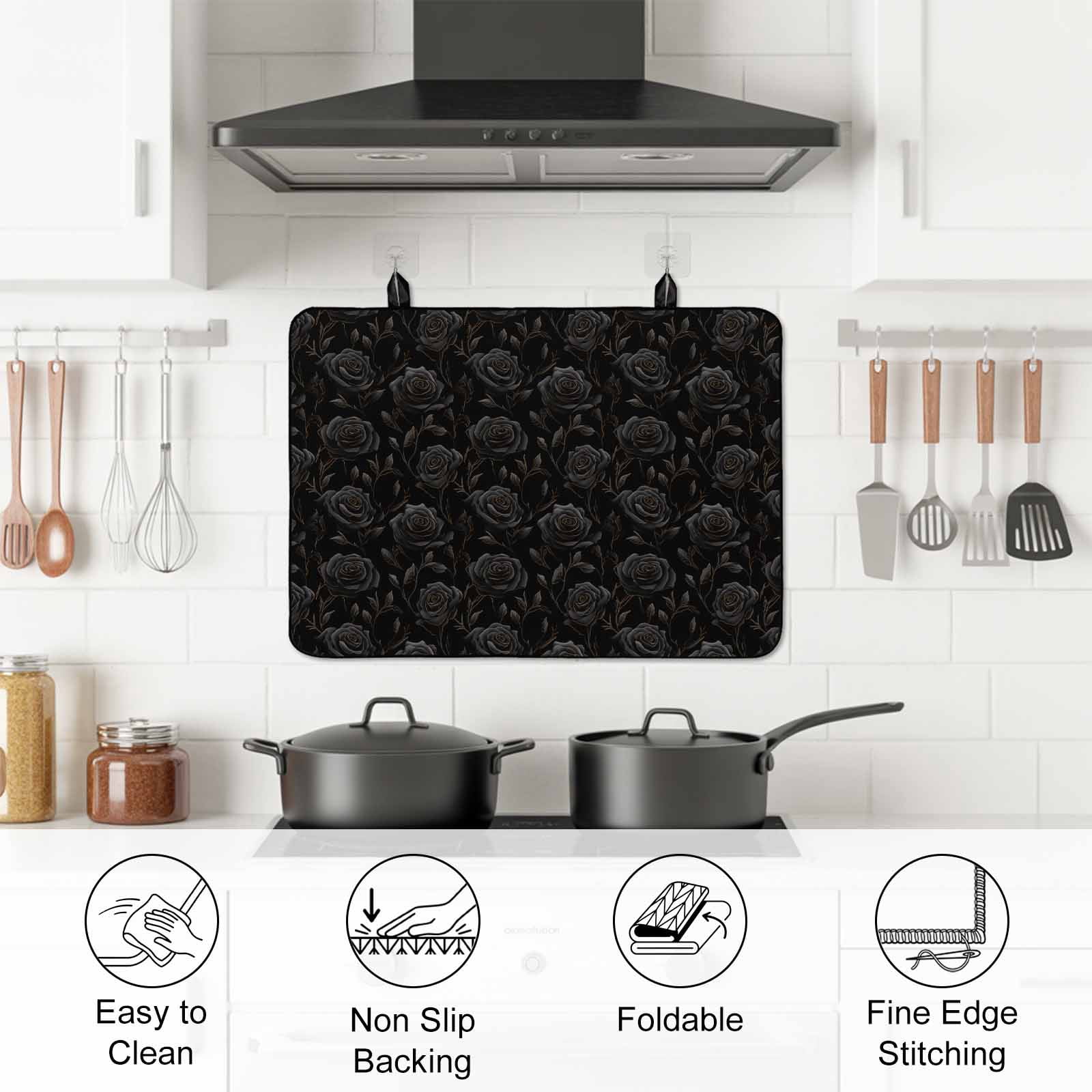 Black Flower, Stove Top Cover for Electric Stove, Heat-proof & Non Slip Glass Top Stove Cover Protector, Abstract Vintage Botanical Floral Plant Kitchen Flat Cooktop Rubber Mat 24x21 Inches