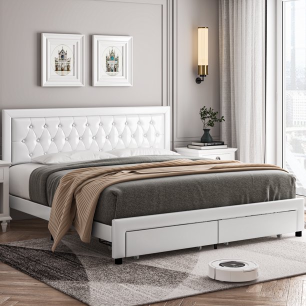 Homfa King Storage Bed Frame with 2 Drawers, Upholstered PU Leather Bed ...