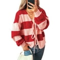 thumbnail image 2 of Women'S Loose Casual V-Neck Long-Sleeved Sweater Jacket Striped Contrast Lace-Up Knitted Cardigan Red XL, 2 of 9