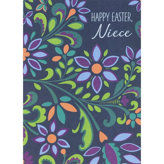 Designer Greetings Bold Purple and Orange Flowers, Leaves and Stems on Navy Background Easter Card for Niece