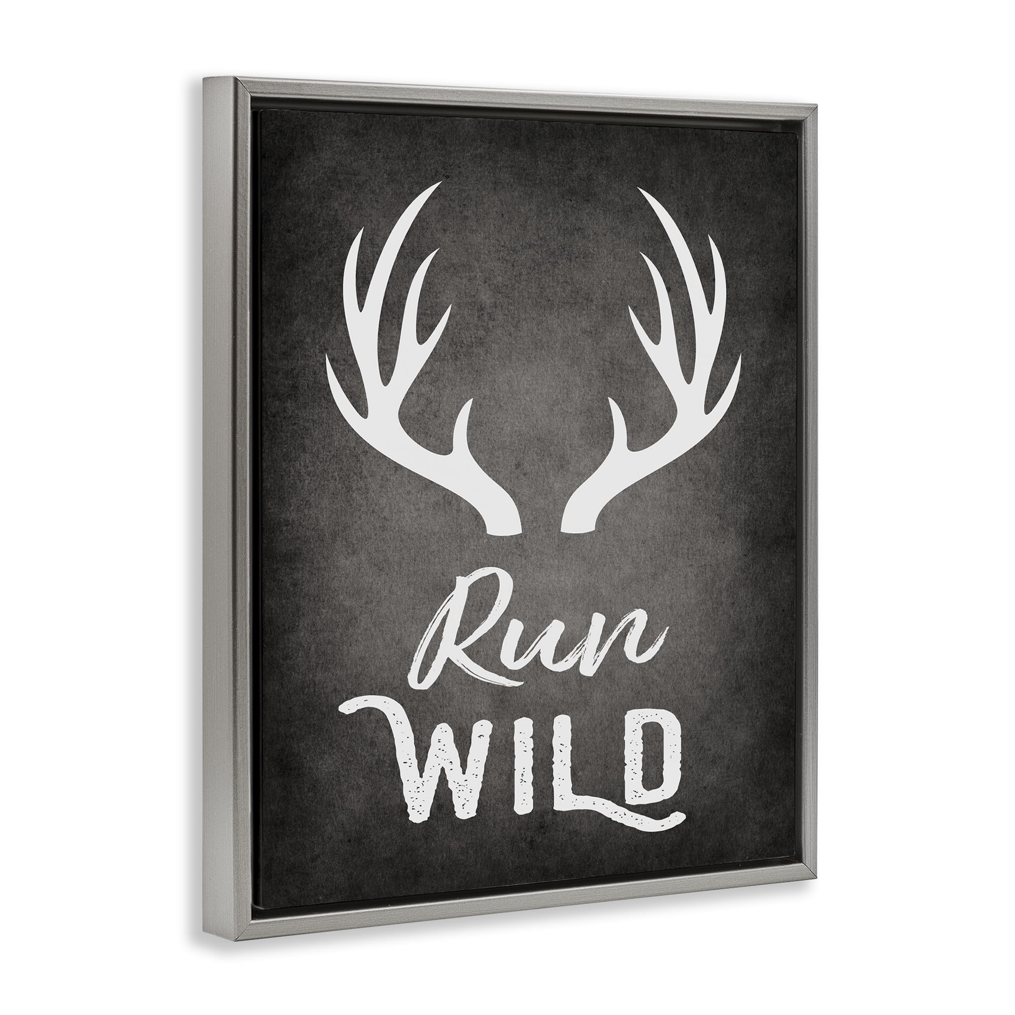 Stupell Industries Run Wild Antlers Typography Painting Gray Floater Framed Canvas Art Print Wall Art, 25 x 31